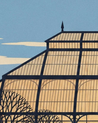 The dark frame of the glasshouse with its golden panes against the blue winter sky