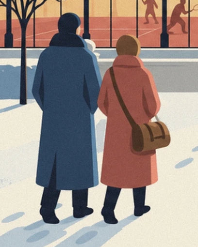 The 2 figures seen from behind in blue and coral coats, with a brown bag on the snow