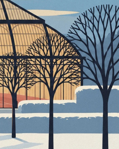 Bare trees in front of the golden glasshouse and snow-covered hedges with blue shadows
