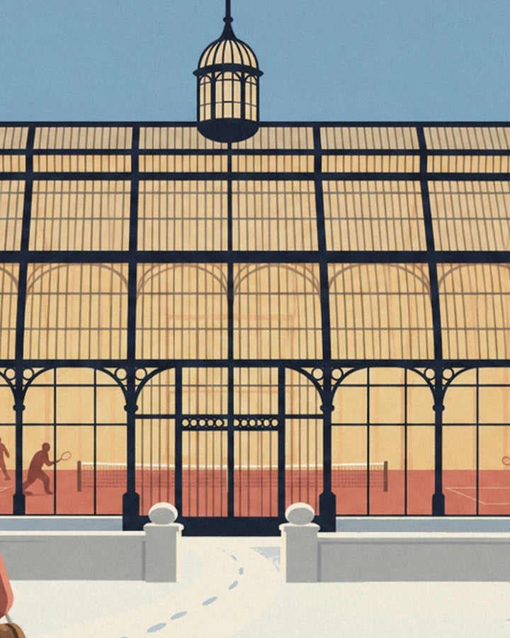 The golden façade of the glasshouse, its hanging lantern and the red tennis court
