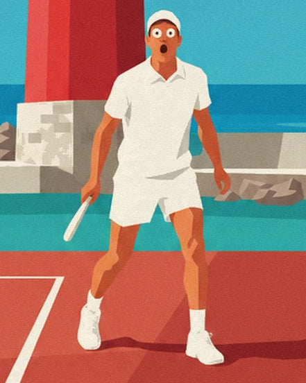The astonished player dressed in white, racket in hand, near the red lighthouse