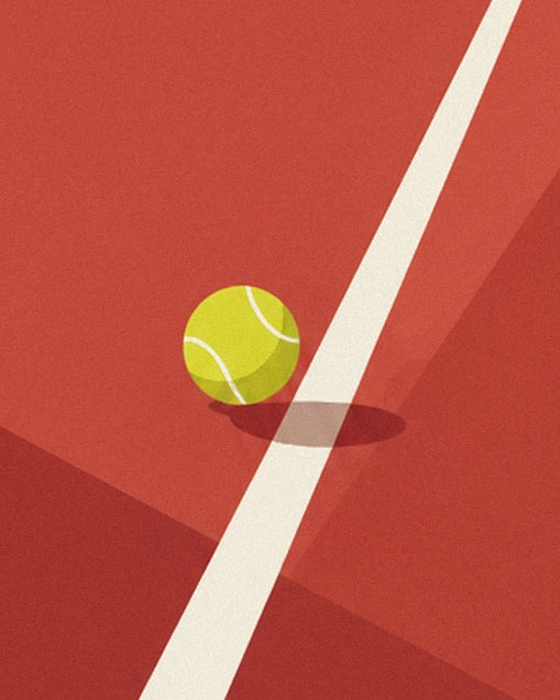 The yellow tennis ball beside the white line on the red court