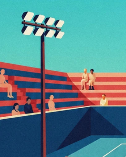 The tall floodlight mast in front of the spectators in the red and blue stands