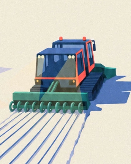 The red piste basher and its black tracks carving grooves in the snow