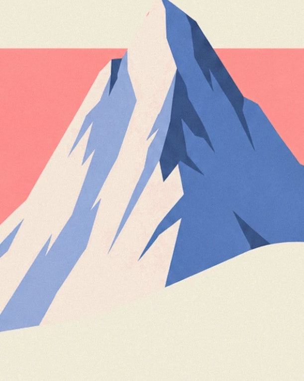 A snowy peak with blue-tinged faces beneath a pink sky