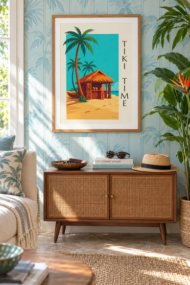 Tropical tiki bar poster on the beach with palm trees: framed on the wall