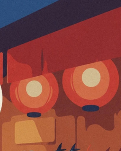 The 2 red-orange lanterns with cream centres beneath the red market awning