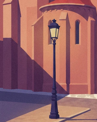 A black street lamp in front of the orange walls of the basilica of Saint-Sernin