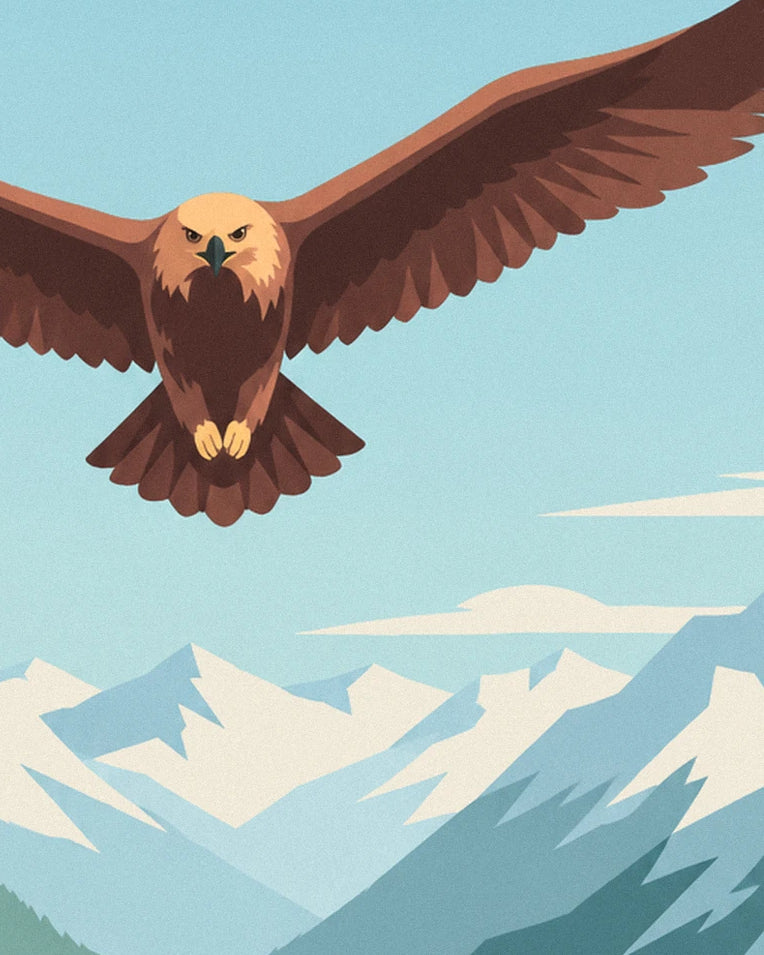 Affiche aigle royal au-dessus d'une vallée des Alpes : détail en gros plan
