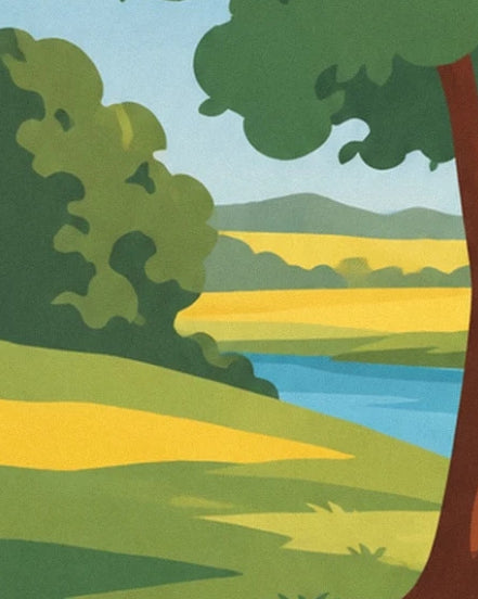 The blue river between grassy banks, trees and yellow fields