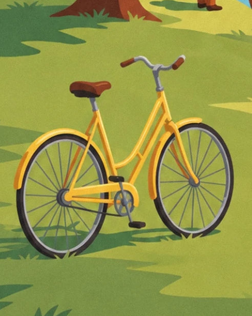 The yellow bicycle with a brown saddle on the grass, with its large spoked wheels