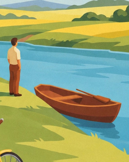 A man beside the blue river, near a brown rowing boat with its oars