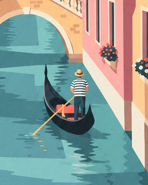 The gondolier in a striped top and straw hat, on his black gondola