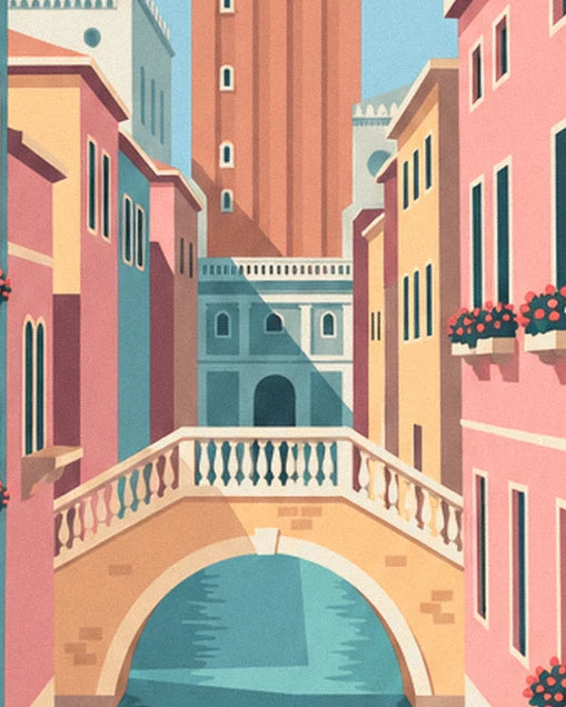 A small white stone bridge over the canal, between pink and ochre façades