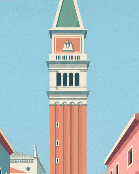 The red-brick Campanile with its green roof, beneath a light blue sky
