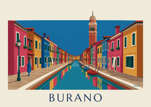 Affiche canal et maisons colorées de Burano, campanile penché : l'affiche entière