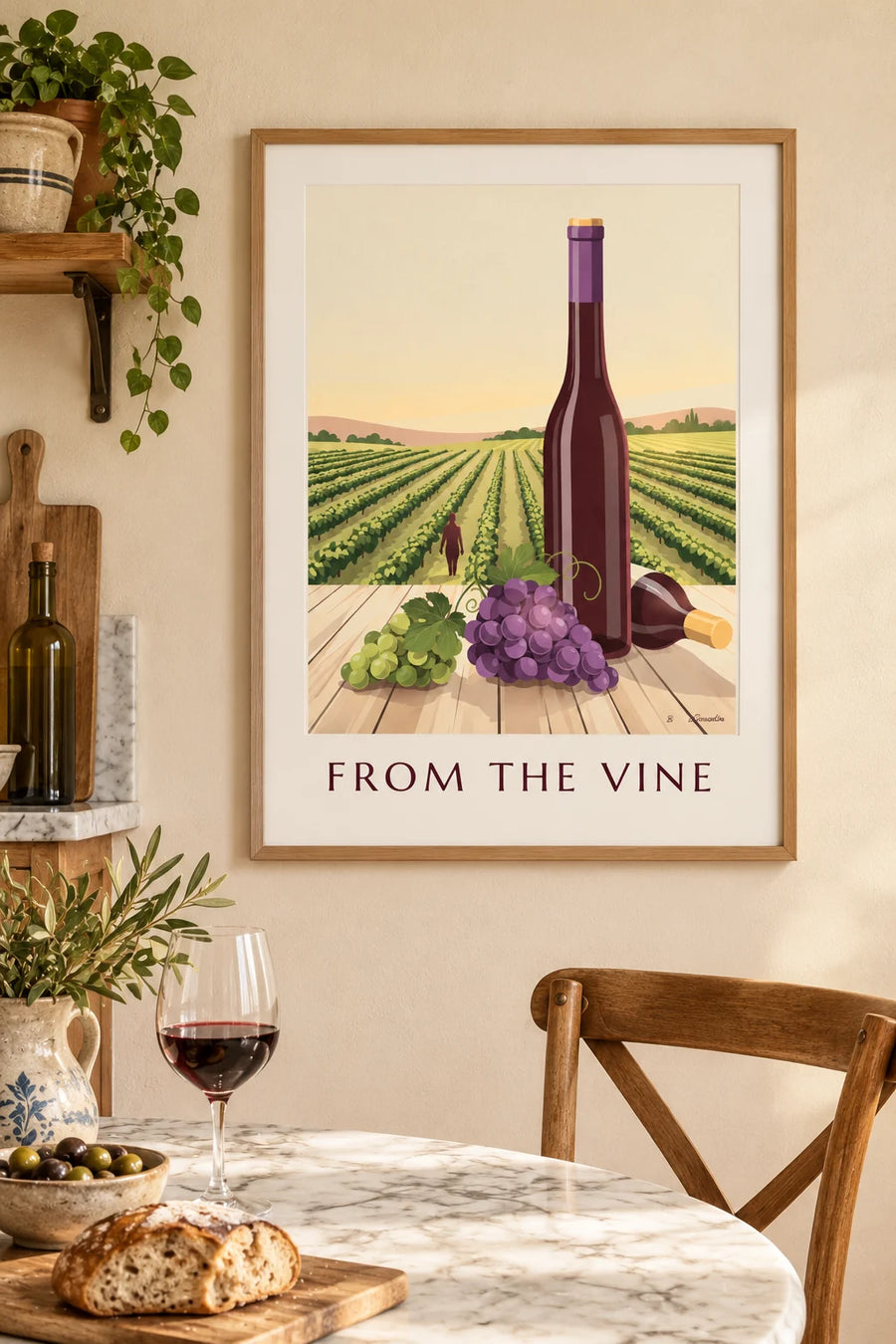 Affiche grappes de raisin et bouteilles de vin français : encadrée au mur