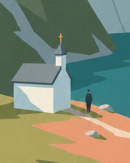 La chapelle au clocher surmonté d'une croix et un promeneur au bord du lac