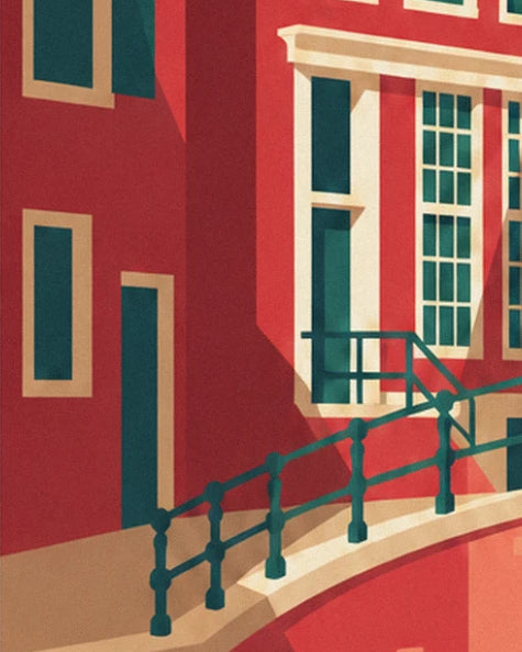 Maison rouge à porte verte, grande fenêtre à petits carreaux et rambarde du pont