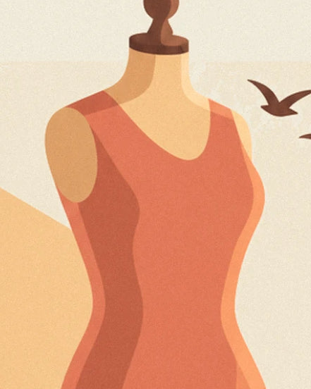 The dressmaker’s dummy dressed in coral, with a rounded neckline and fitted waist