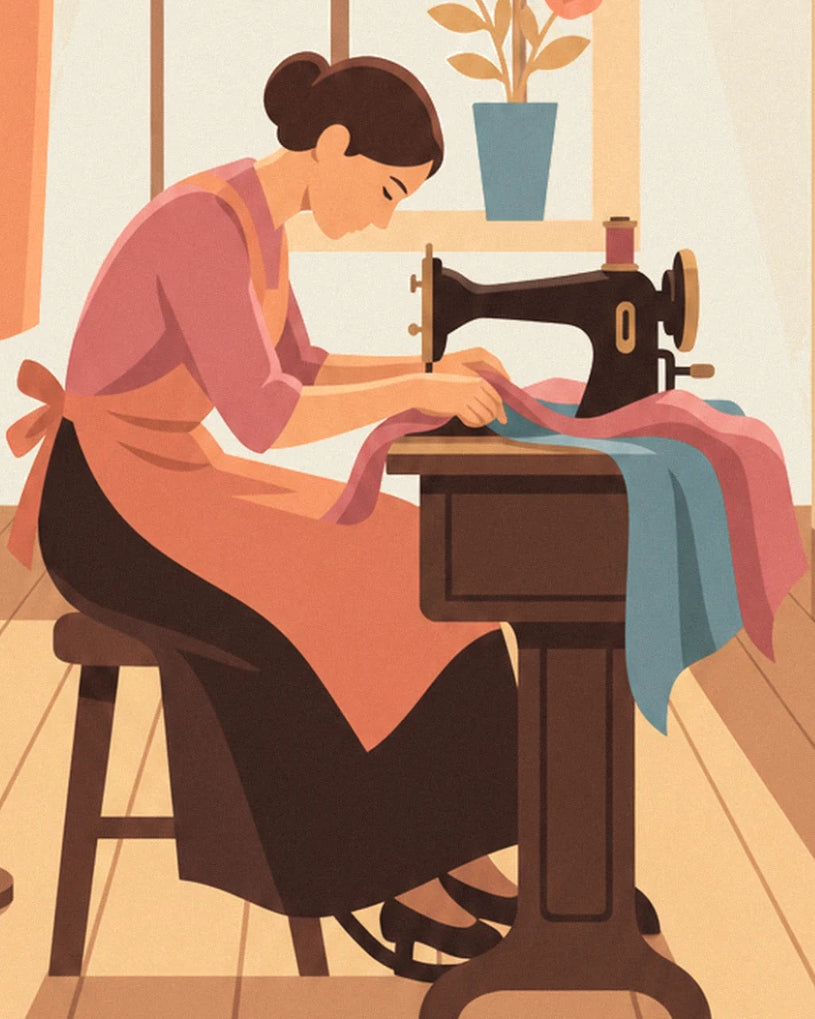 The dressmaker in an orange apron at her black sewing machine, with fabrics on the table