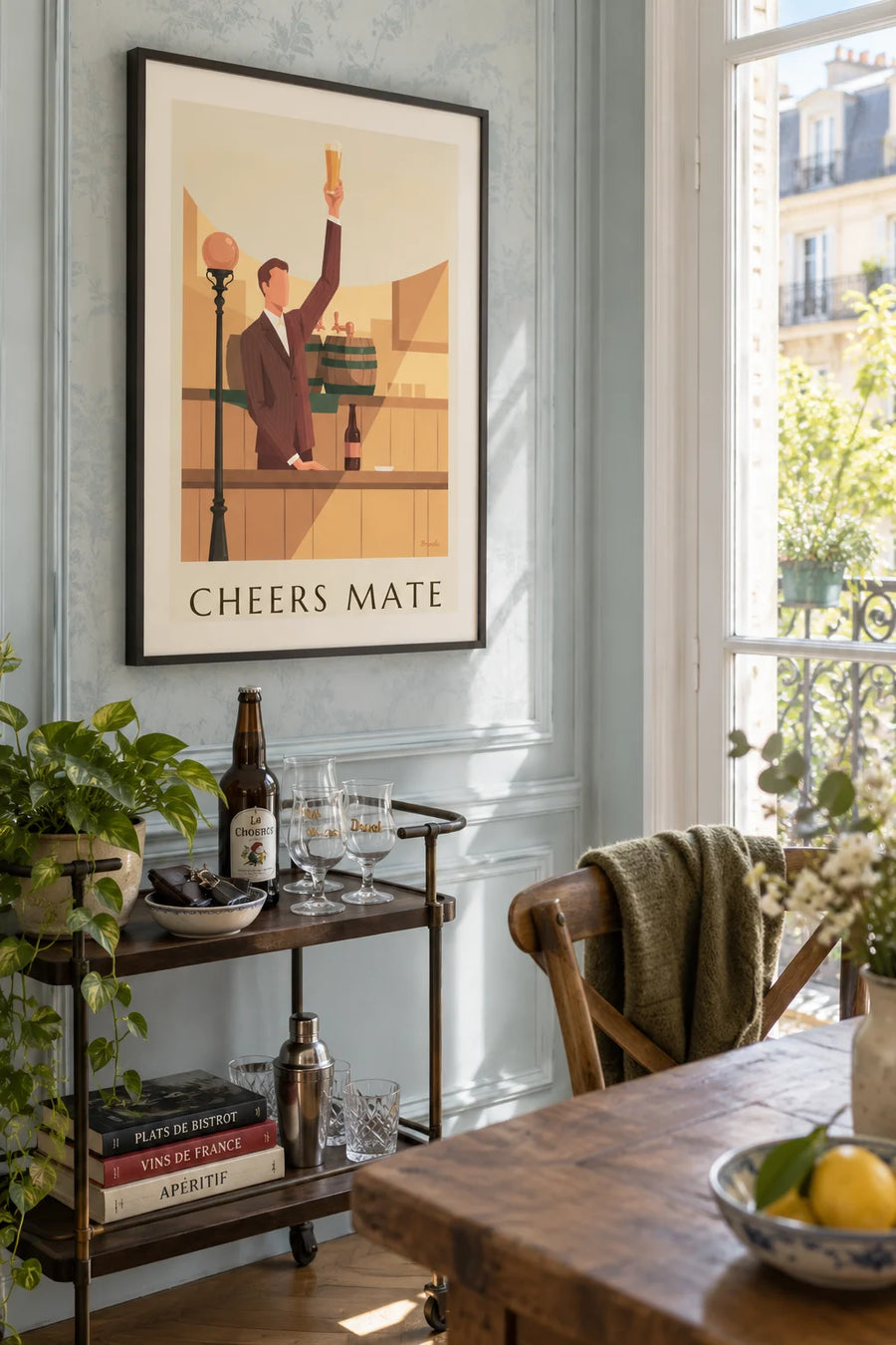 Poster of a craft beer and a man in a striped suit: framed on the wall