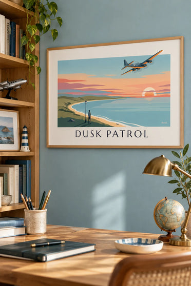 Affiche avion bombardier quadrimoteur au coucher du soleil : encadrée au mur