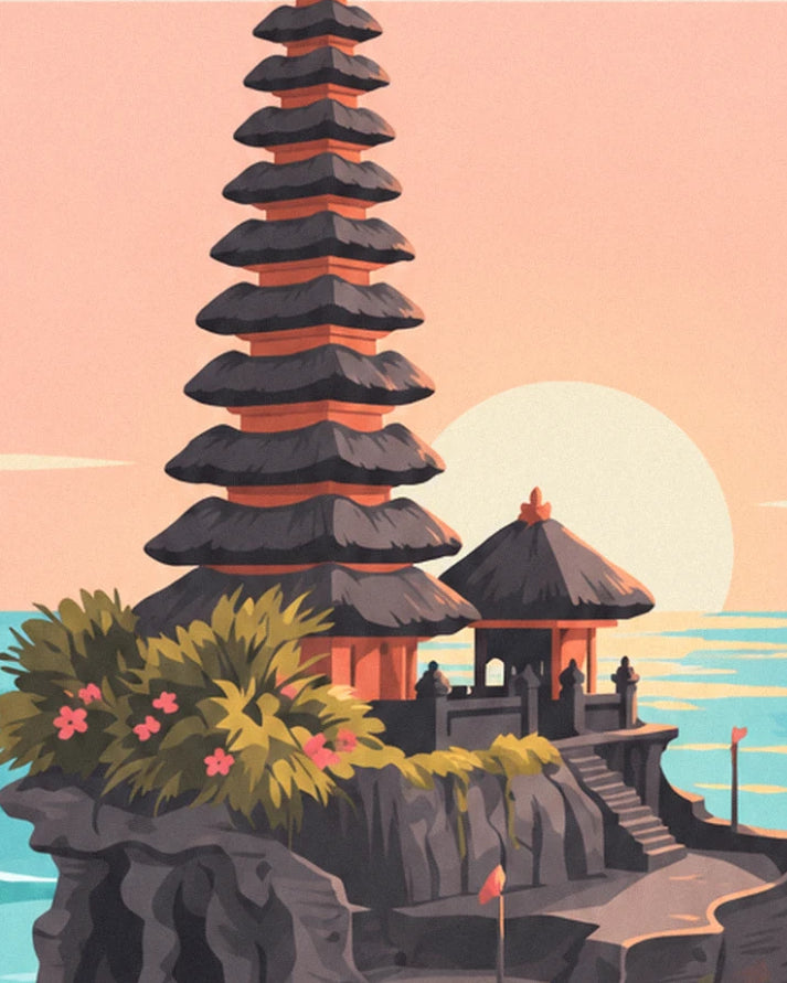 Le meru à 9 toits de chaume, ses fleurs roses et le soleil couchant sur la mer