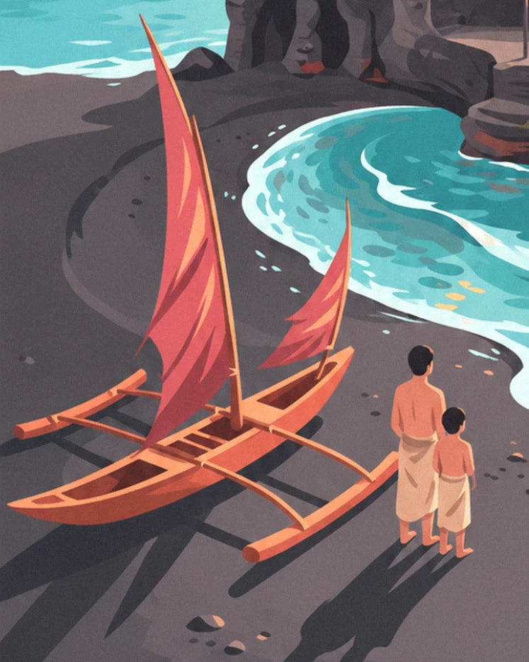 La pirogue à balancier aux voiles rouges, et un père avec son fils sur le sable noir