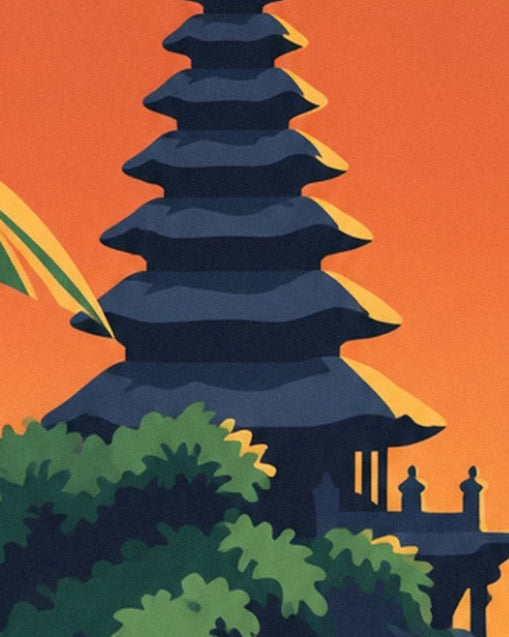 Le temple de Tanah Lot aux toits étagés, entre feuillage vert et ciel orange