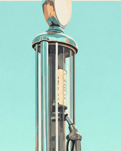 The chrome petrol pump with its glass cylinder and hose, against a turquoise sky