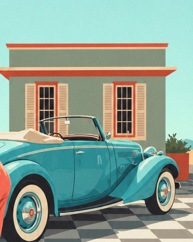 The turquoise convertible with whitewall tyres parked in front of the small green building with beige shutters