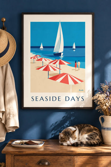 Poster of striped parasols and sailboats by the sea: framed on the wall