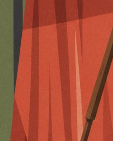 The red curtain with broad folds crossed by a slanting piece of wood