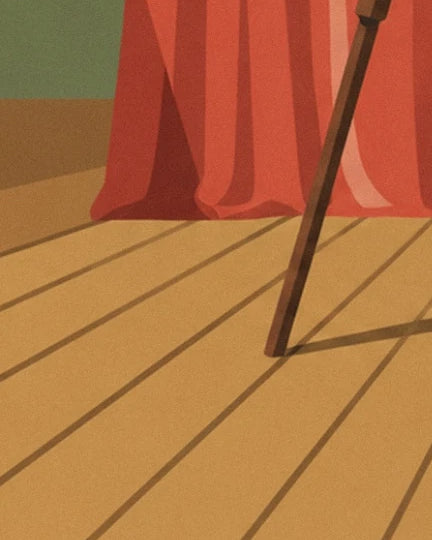 A tripod leg and its shadow on the golden wooden floor in front of the studio’s red curtain
