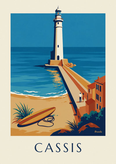 Poster of the Cassis pier lighthouse and a surfboard: the full poster