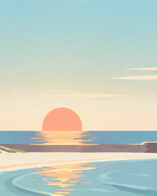 The orange sun touching the sea, with its golden reflection on the waves