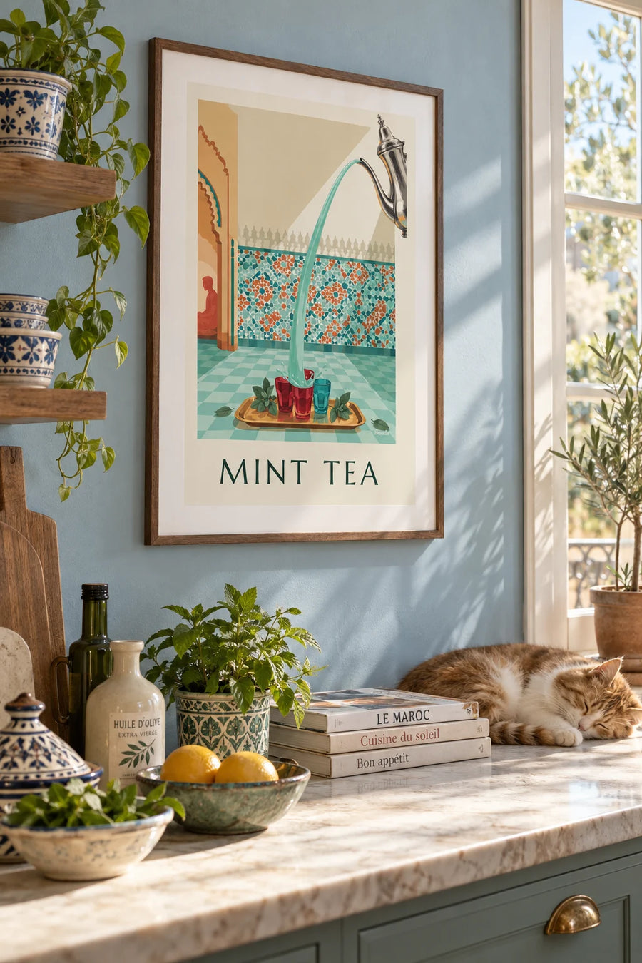 Affiche thé à la menthe servi dans des verres ciselés : encadrée au mur