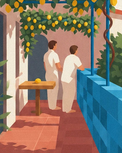 The 2 figures in white beneath the lemon trees beside the blue balustrade