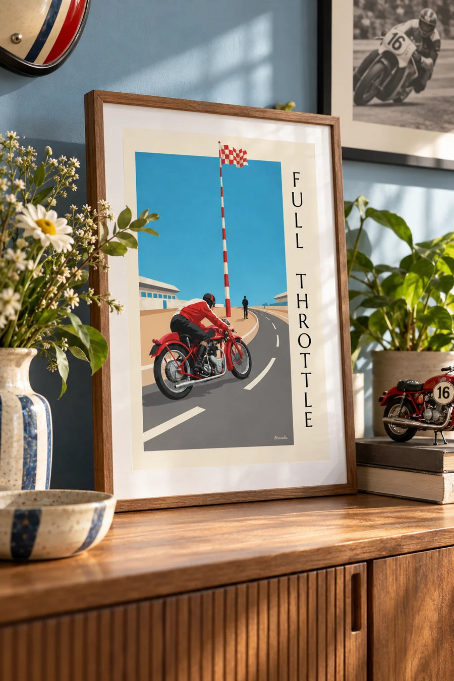 Poster of a racing motorcycle leaning into a Grand Prix turn: small A4 framed size