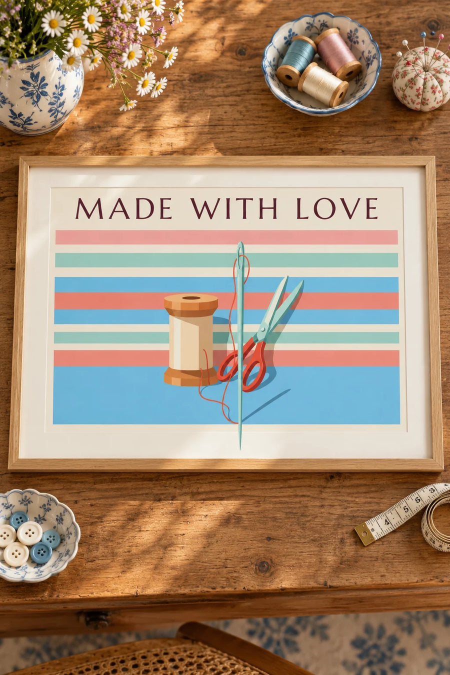Affiche couture faite main, bobine de fil, ciseaux et aiguille : posée sur une table