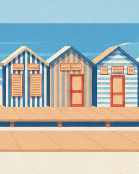 The 3 beach huts with blue and pale stripes, orange doors and shutters