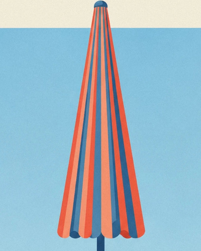 A closed parasol with orange and blue stripes against the turquoise sea