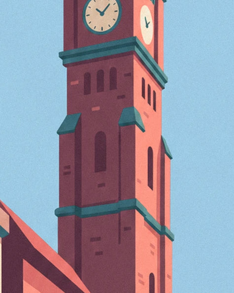 La tour rouge et ses horloges aux cadrans clairs, sur fond de ciel bleu