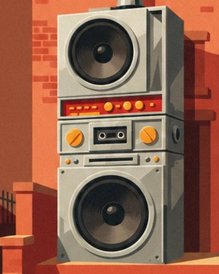 The grey radio cassette player with 2 speakers and orange buttons on the front steps