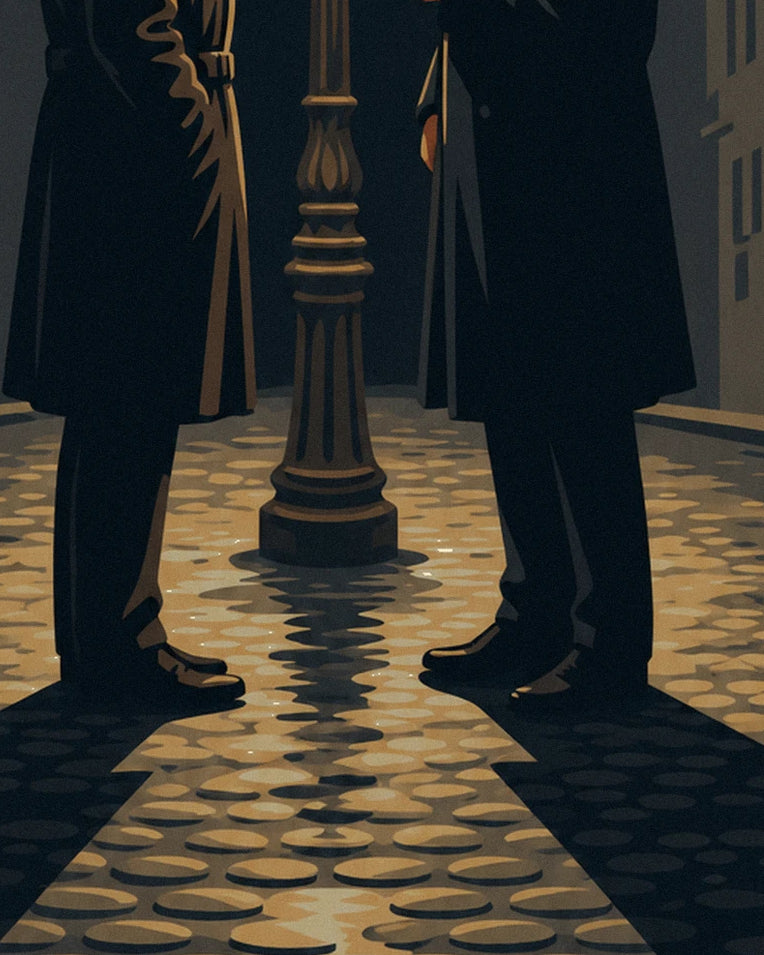 Film noir duel under a streetlamp on a rainy night poster: close-up detail