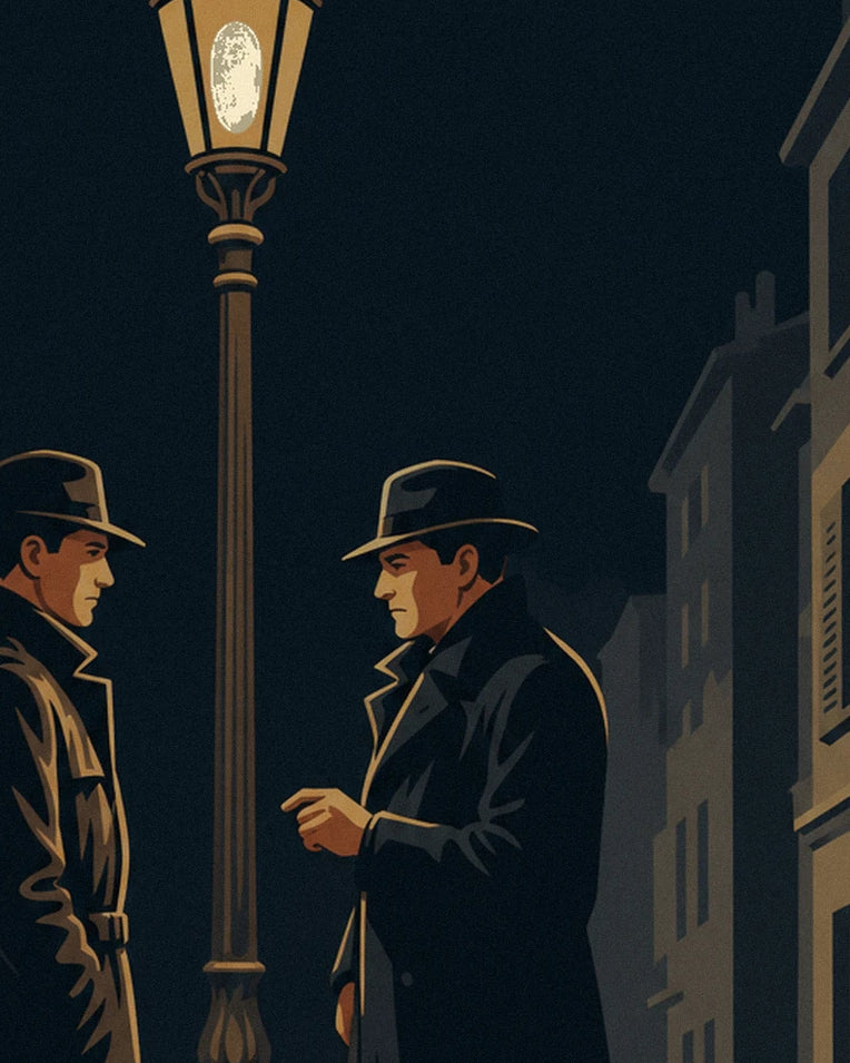 Film noir duel under a streetlamp on a rainy night poster: close-up detail