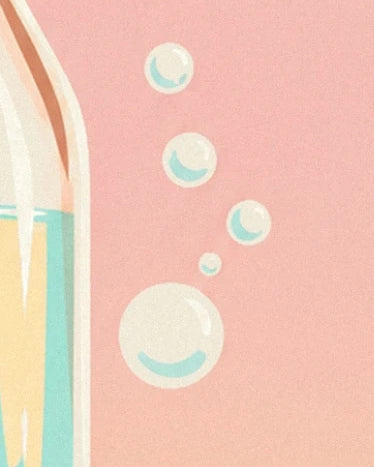 Une envolée de bulles crème et turquoise près du flacon sur fond rose