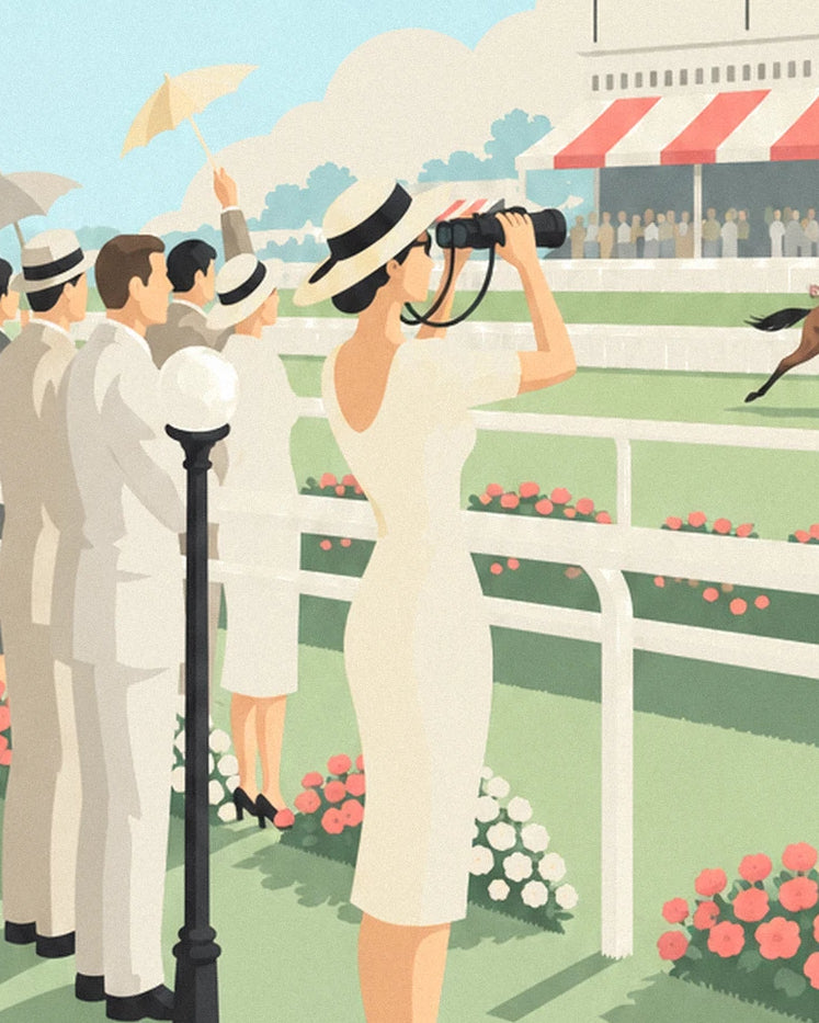 The woman in a white dress and a hat with a black ribbon, holding binoculars to her eyes in front of the fence