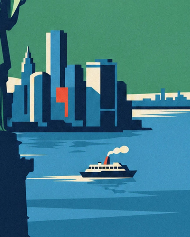The skyscrapers of Manhattan and a white steamboat on the blue water